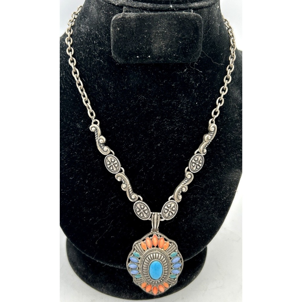 Vtg Southwestern Turquoise&Coral Color Pendant Necklace Silver Tone ADJ 16.5"